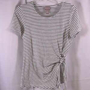 Chico's Black White Stripe Tie Side Round Neck‎ Short Sleeve Top Women's 0 US 4